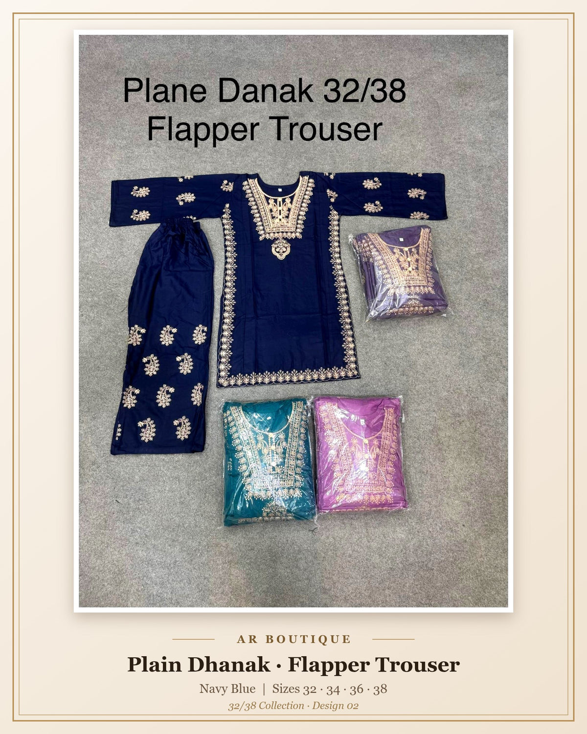 Plain Dhanak 2-Piece Suit with Flapper Trouser - Navy Blue (32/38 Design 02)