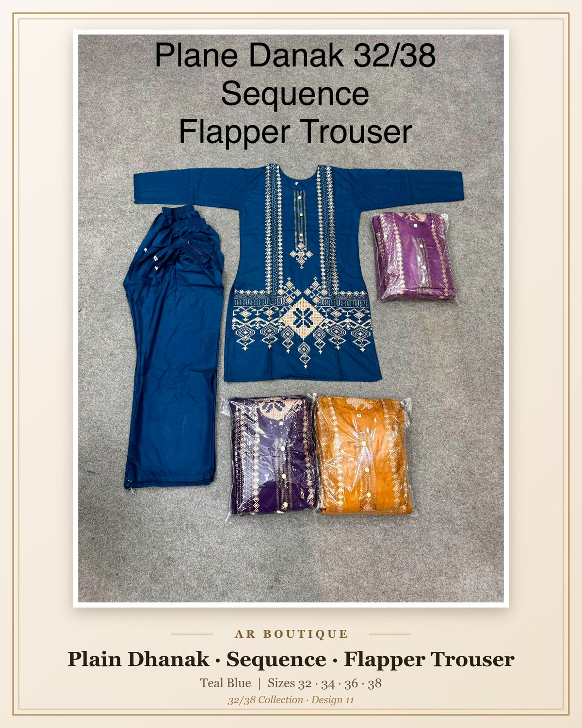 Plain Dhanak Sequence Suit with Flapper Trouser - Teal Blue (32/38 Design 11)