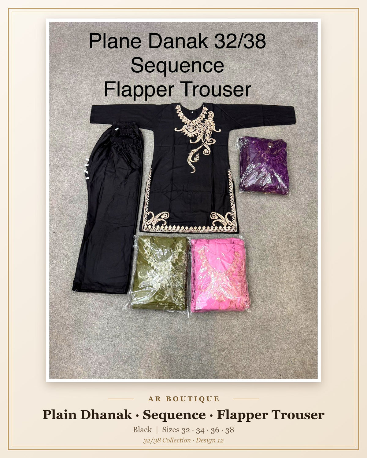 Plain Dhanak Sequence Suit with Flapper Trouser - Black (32/38 Design 12)