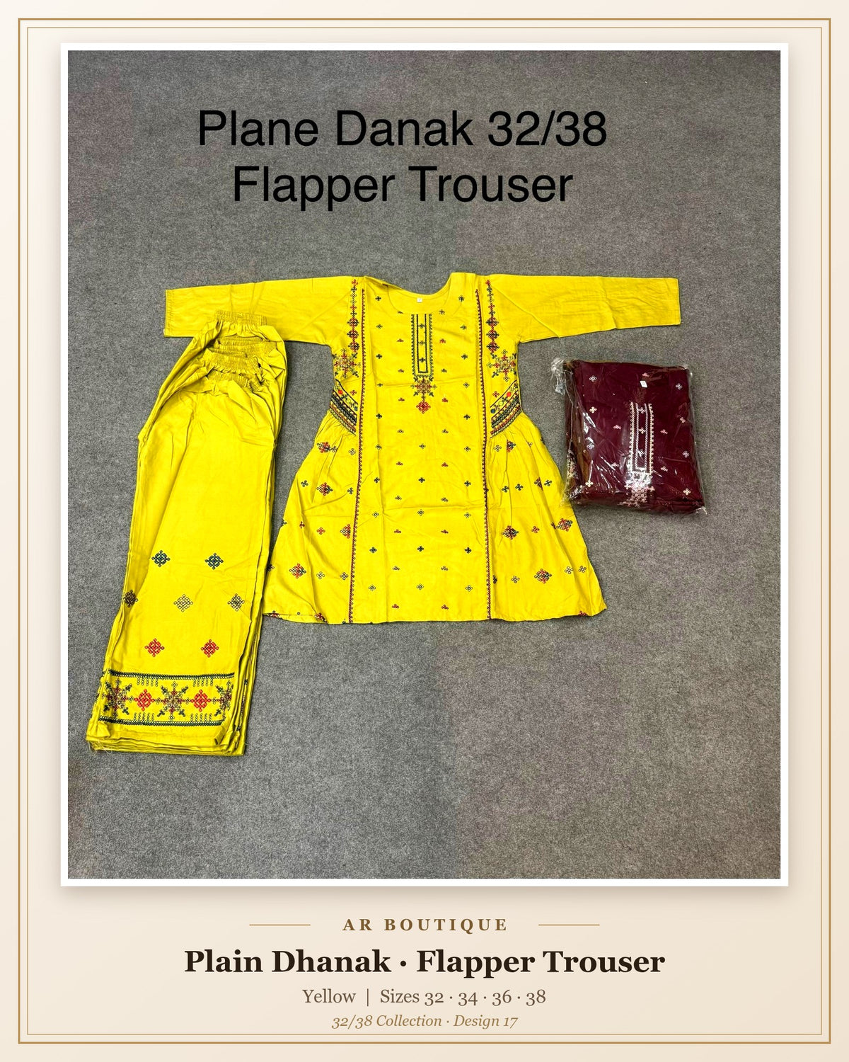 Plain Dhanak 2-Piece Suit with Flapper Trouser - Yellow (32/38 Design 17)