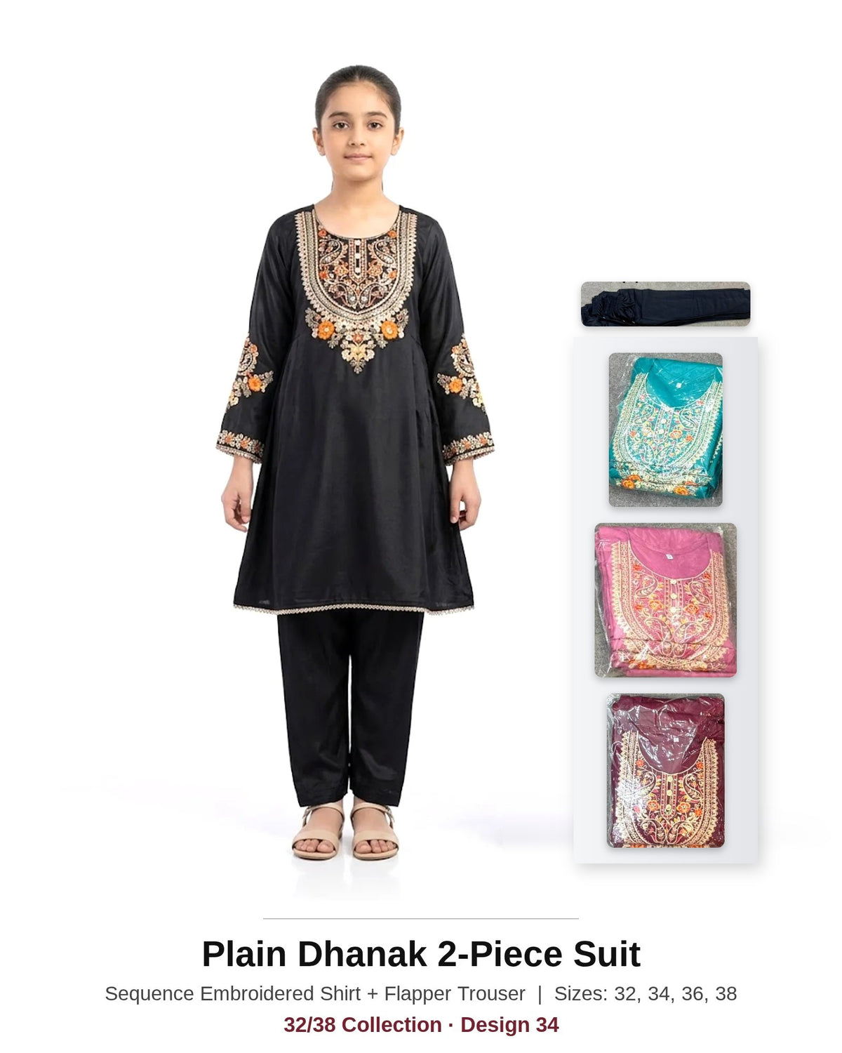 Plain Dhanak Sequence Suit with Flapper Trouser - Black (32/38 Design 34)