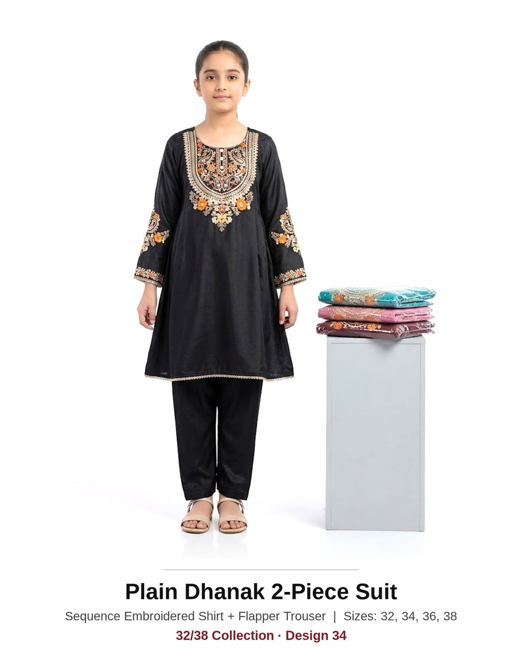 Plain Dhanak Sequence Suit with Flapper Trouser - Black (32/38 Design 34) - model