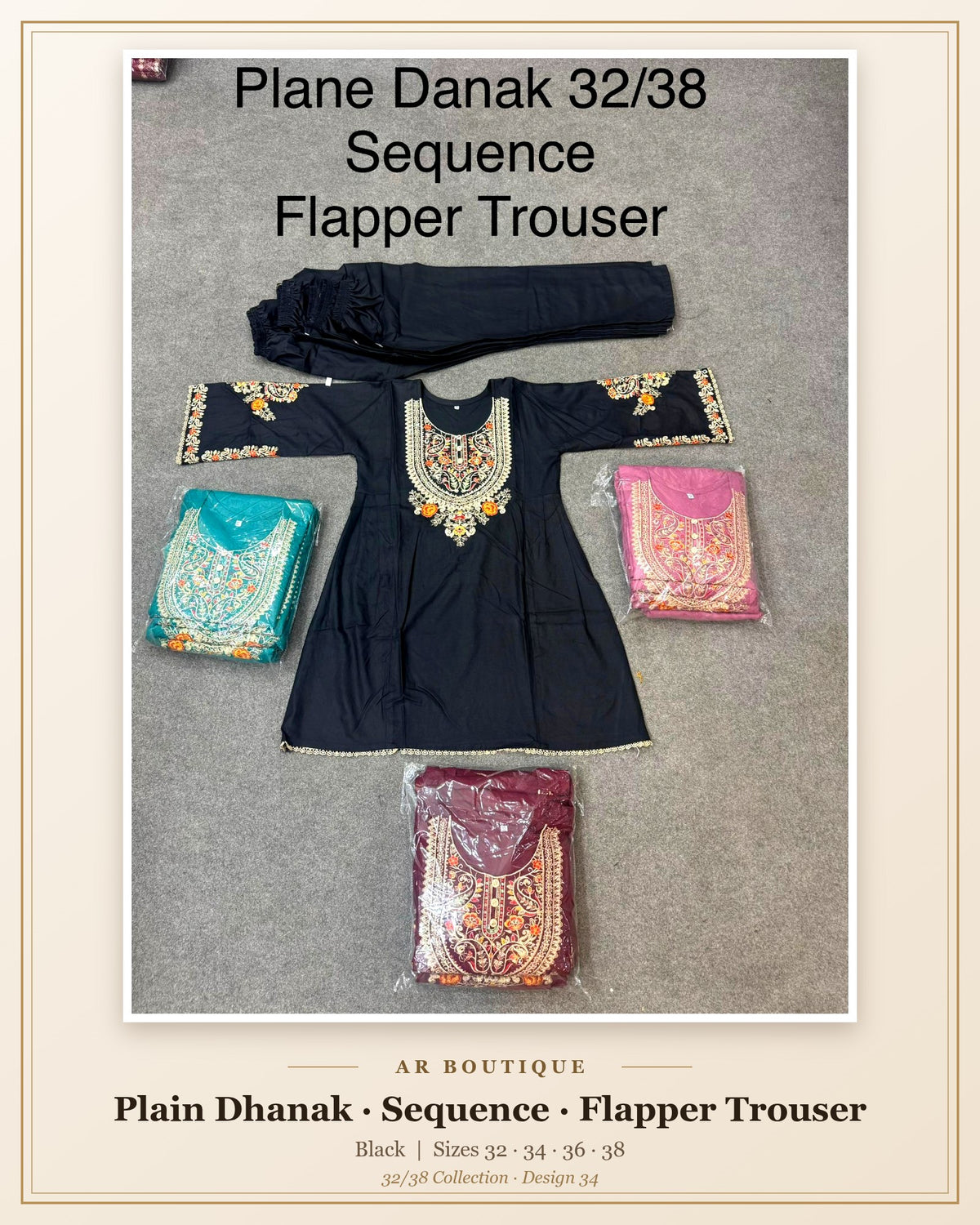 Plain Dhanak Sequence Suit with Flapper Trouser - Black (32/38 Design 34)