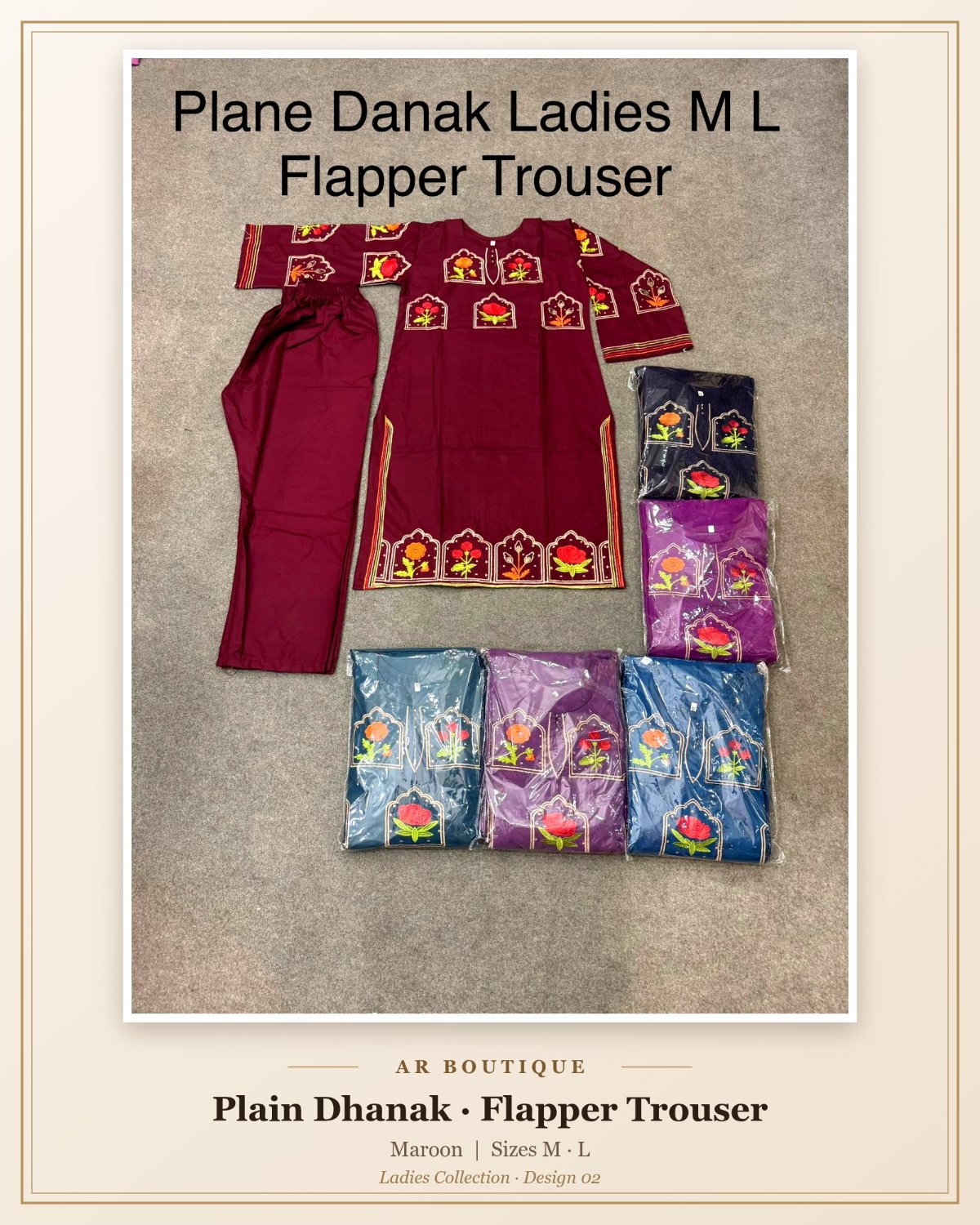 Plain Dhanak Ladies 2-Piece Suit with Flapper Trouser - Maroon (M/L Design 02)