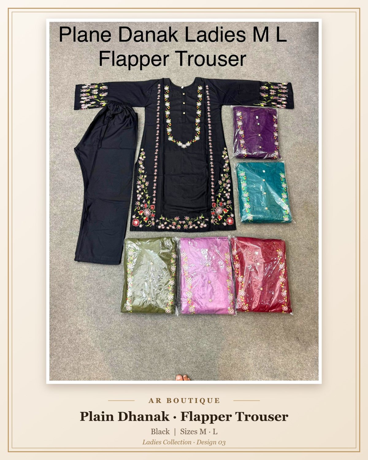 Plain Dhanak Ladies 2-Piece Suit with Flapper Trouser - Black (M/L Design 03)