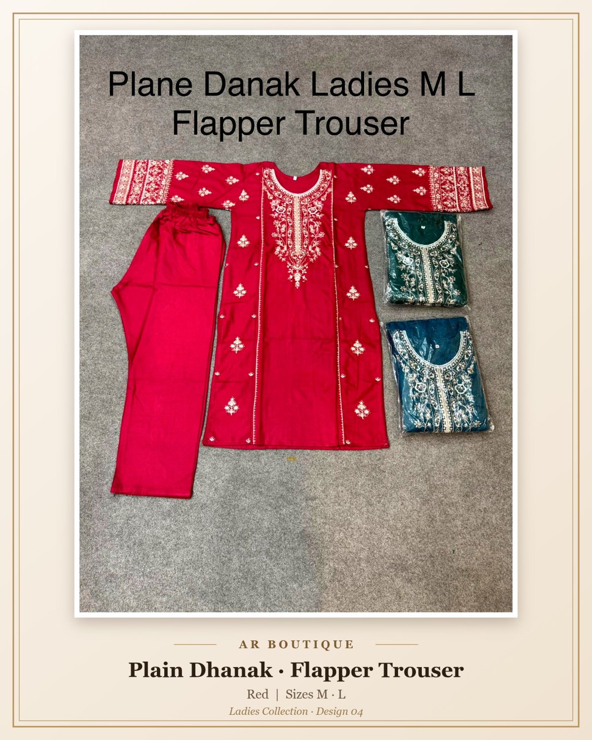 Plain Dhanak Ladies 2-Piece Suit with Flapper Trouser - Red (M/L Design 04)