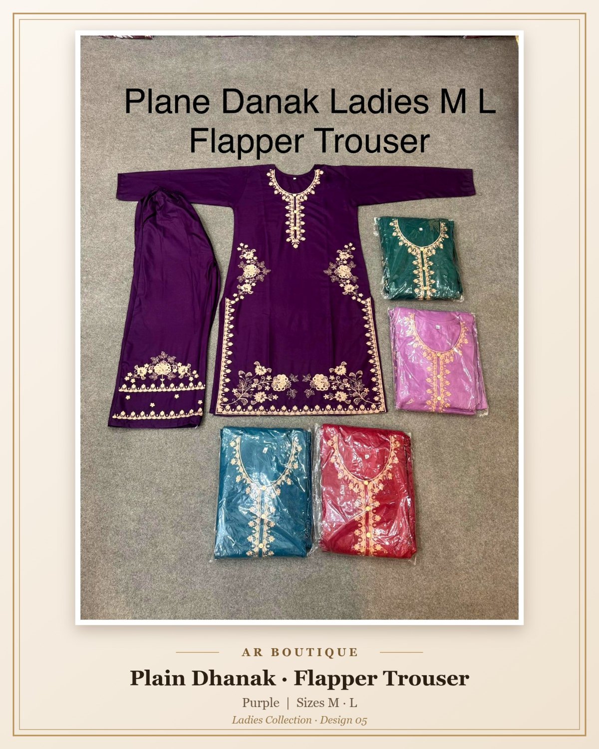 Plain Dhanak Ladies 2-Piece Suit with Flapper Trouser - Purple (M/L Design 05)