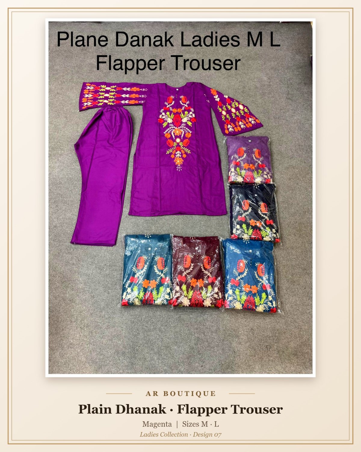 Plain Dhanak Ladies 2-Piece Suit with Flapper Trouser - Magenta (M/L Design 07)