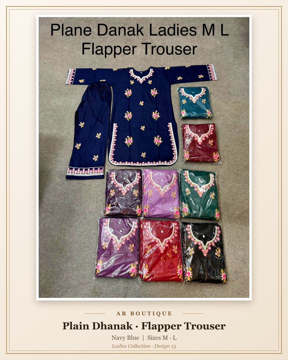 Plain Dhanak Ladies 2-Piece Suit with Flapper Trouser - Navy Blue (M/L Design 13)