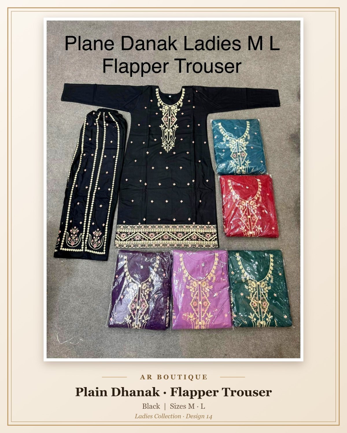 Plain Dhanak Ladies 2-Piece Suit with Flapper Trouser - Black (M/L Design 14)