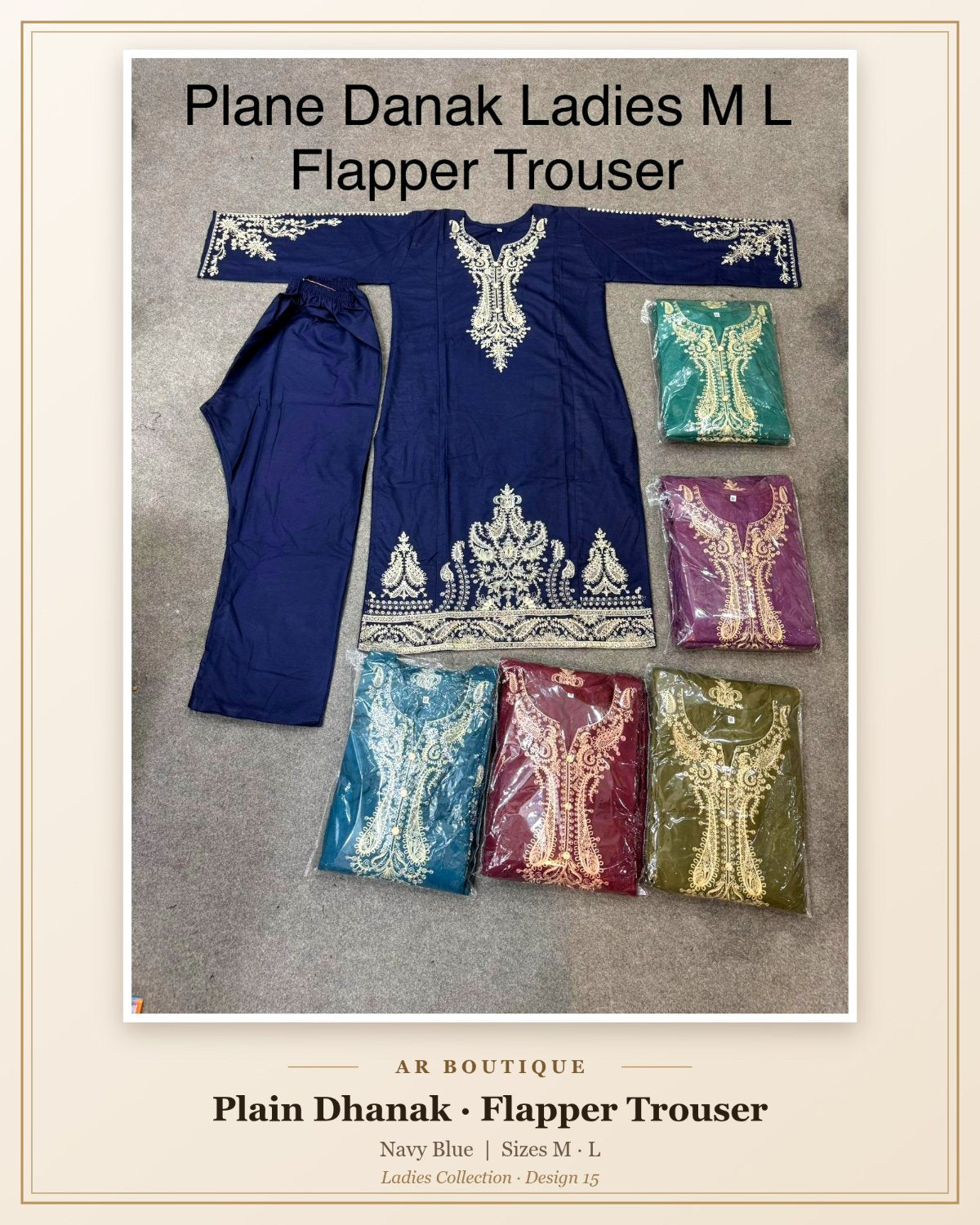 Plain Dhanak Ladies 2-Piece Suit with Flapper Trouser - Navy Blue (M/L Design 15)