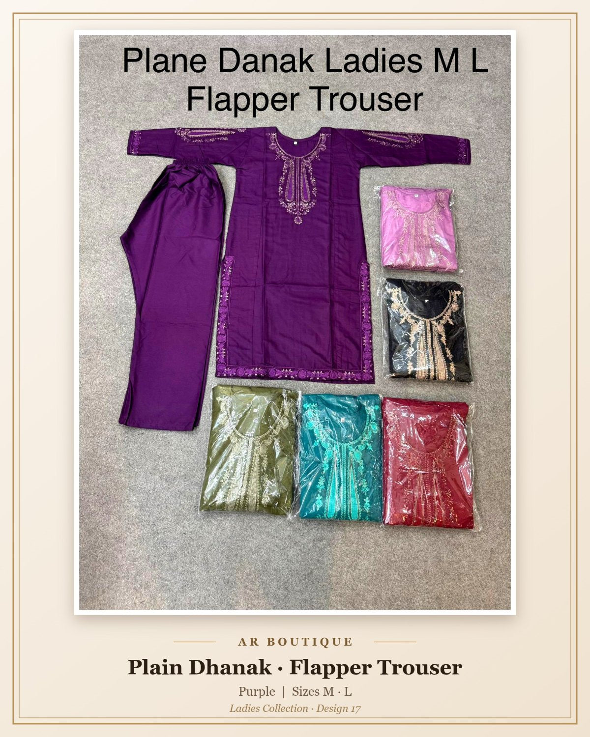 Plain Dhanak Ladies 2-Piece Suit with Flapper Trouser - Purple (M/L Design 17)
