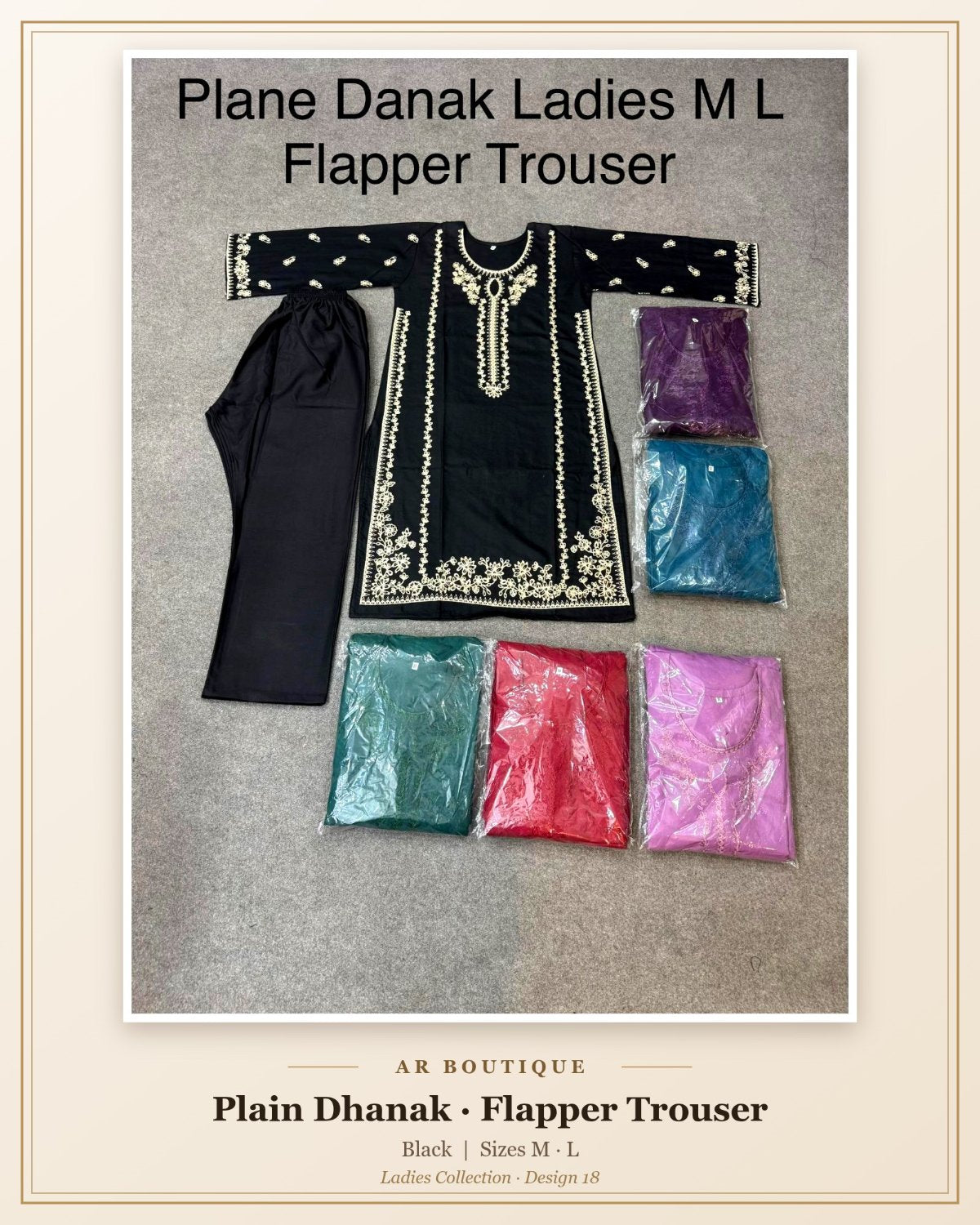 Plain Dhanak Ladies 2-Piece Suit with Flapper Trouser - Black (M/L Design 18)