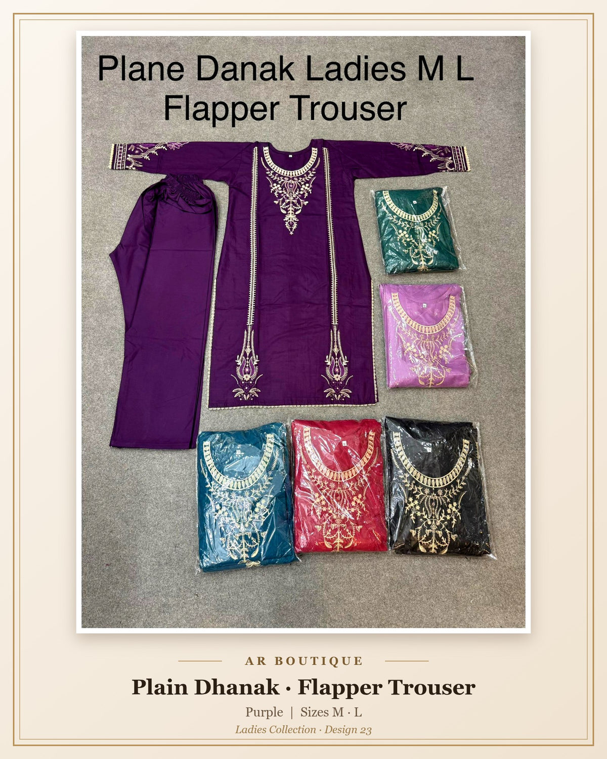 Plain Dhanak Ladies 2-Piece Suit with Flapper Trouser - Purple (M/L Design 23)
