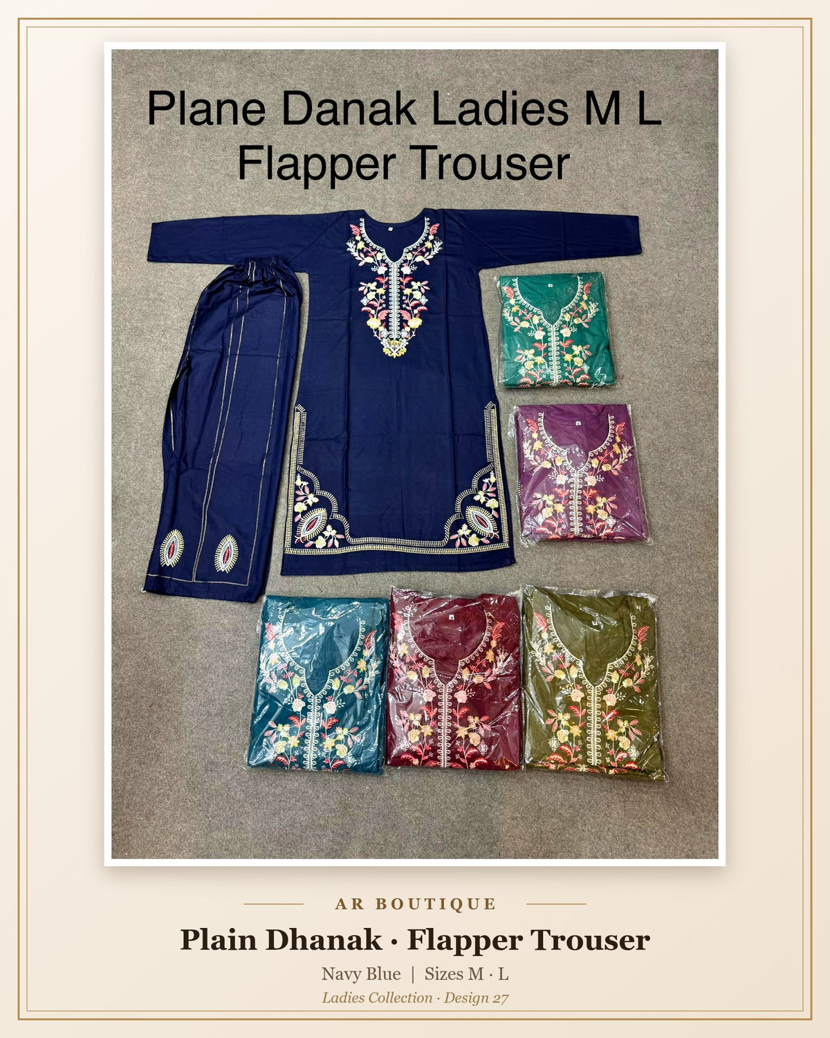 Plain Dhanak Ladies 2-Piece Suit with Flapper Trouser - Navy Blue (M/L Design 27)