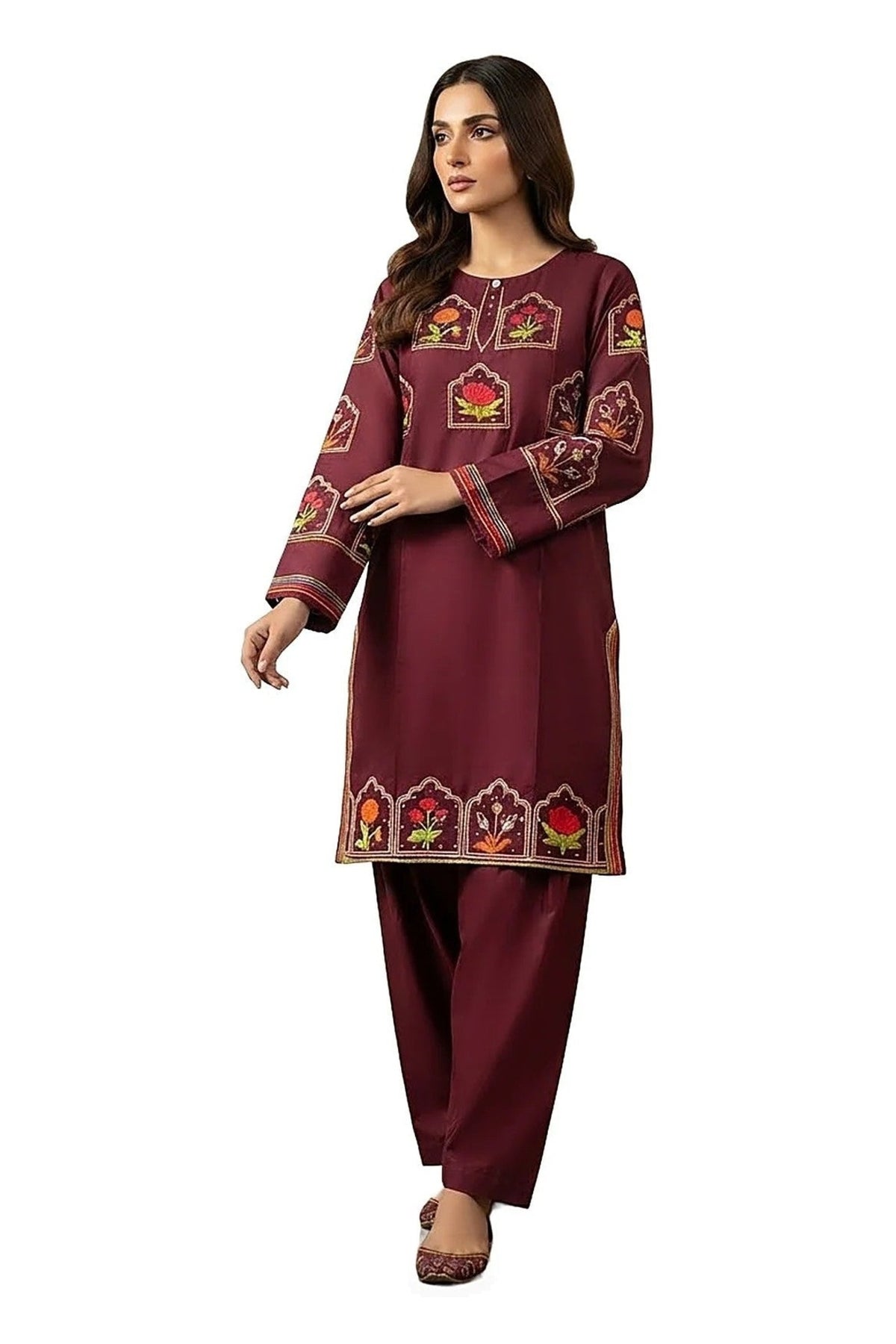 Plain Dhanak 2-Piece Suit - Maroon (Design 05)