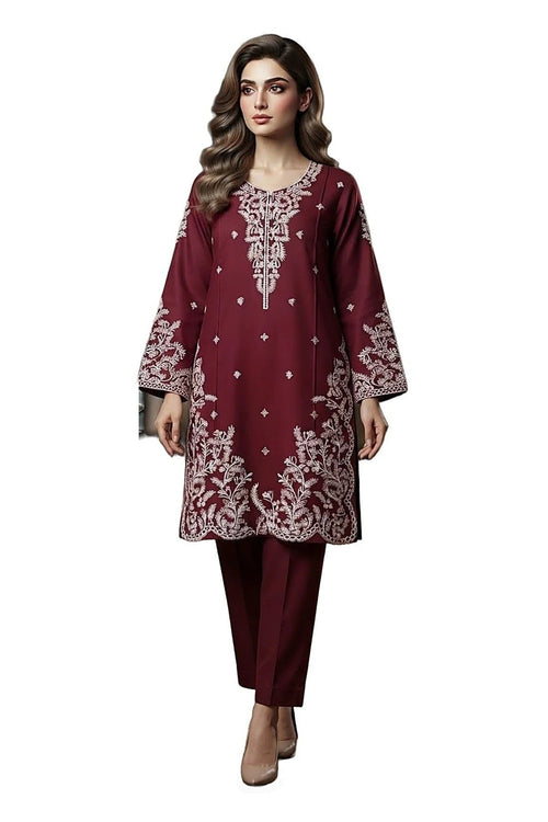 Plain Dhanak 2-Piece Suit - Maroon (Design 10)