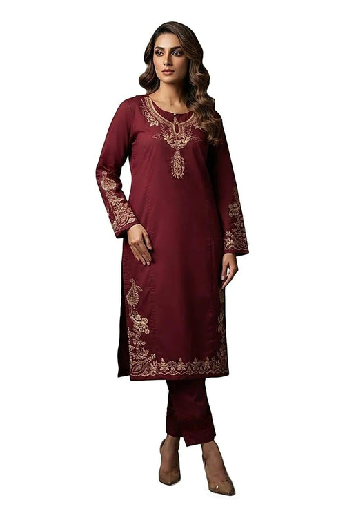 Plain Dhanak 2-Piece Suit - Maroon (Design 11)