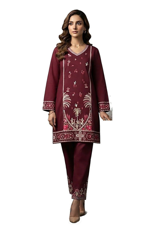 Plain Dhanak 2-Piece Suit - Maroon (Design 18)
