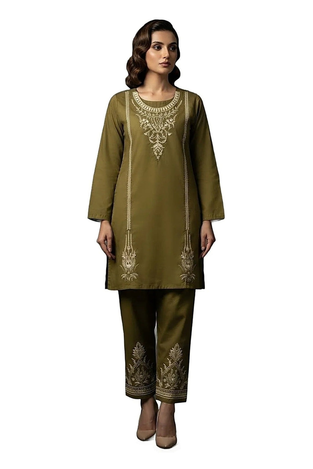 Plain Dhanak 2-Piece Suit - Olive Green (Design 09)