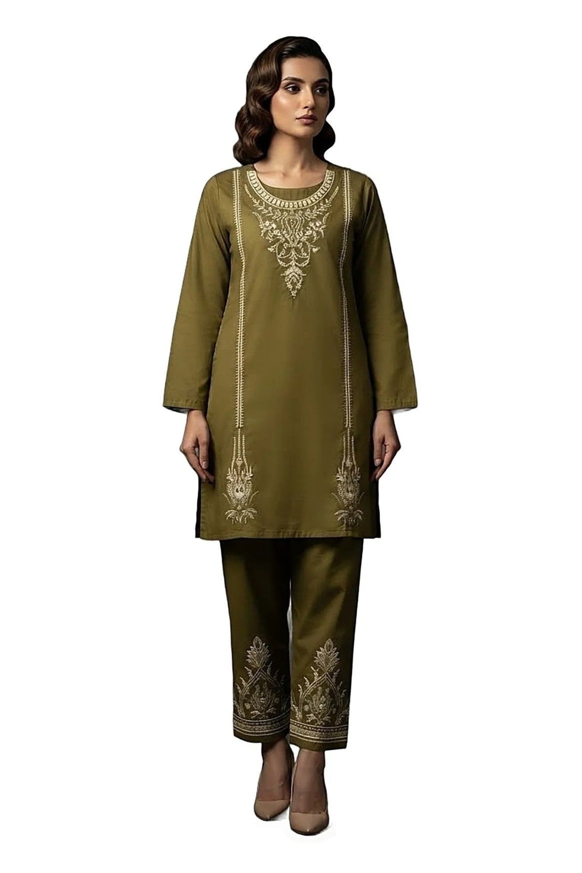 Plain Dhanak 2-Piece Suit - Olive Green (Design 09)