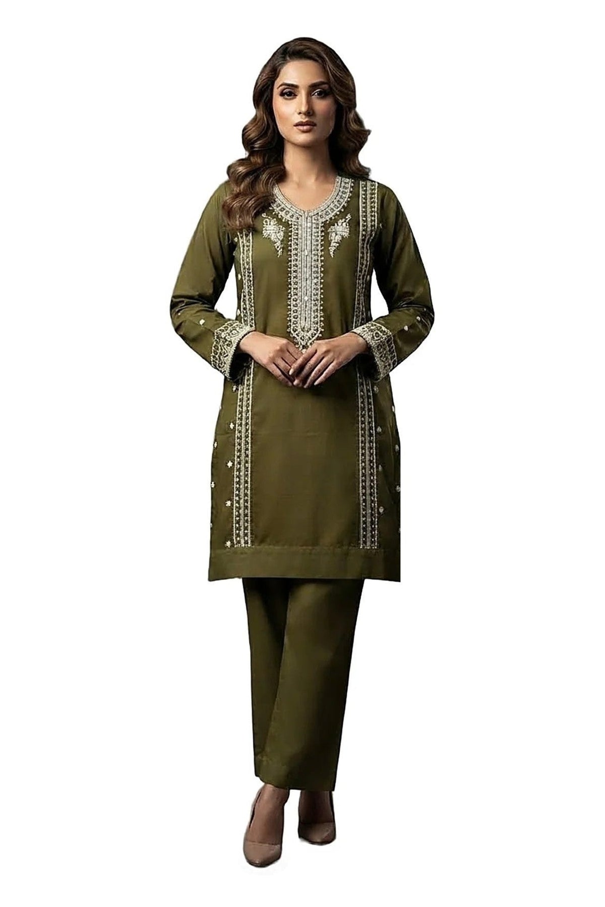 Plain Dhanak 2-Piece Suit - Olive Green (Design 12)
