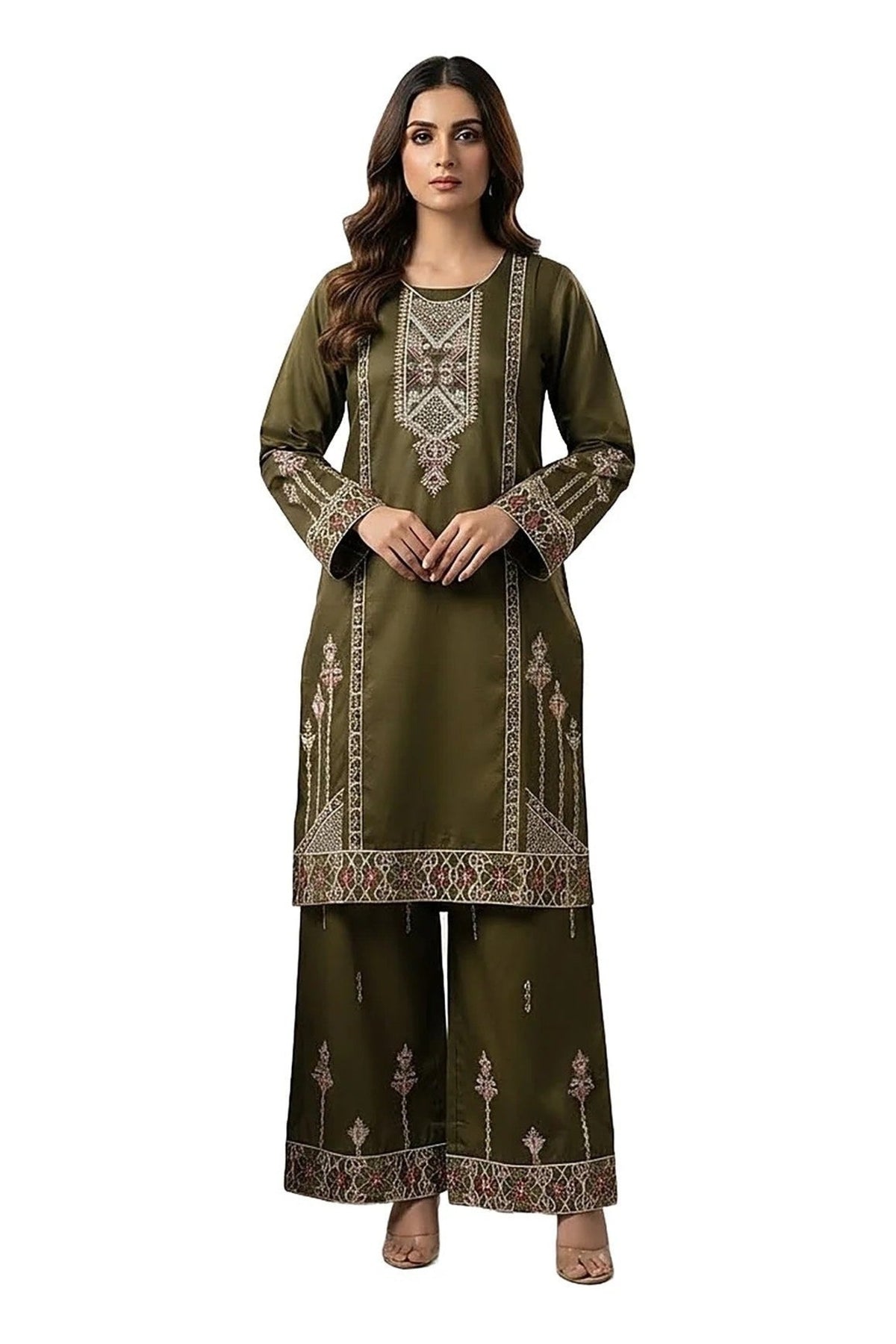 Plain Dhanak 2-Piece Suit - Olive Green (Design 19)