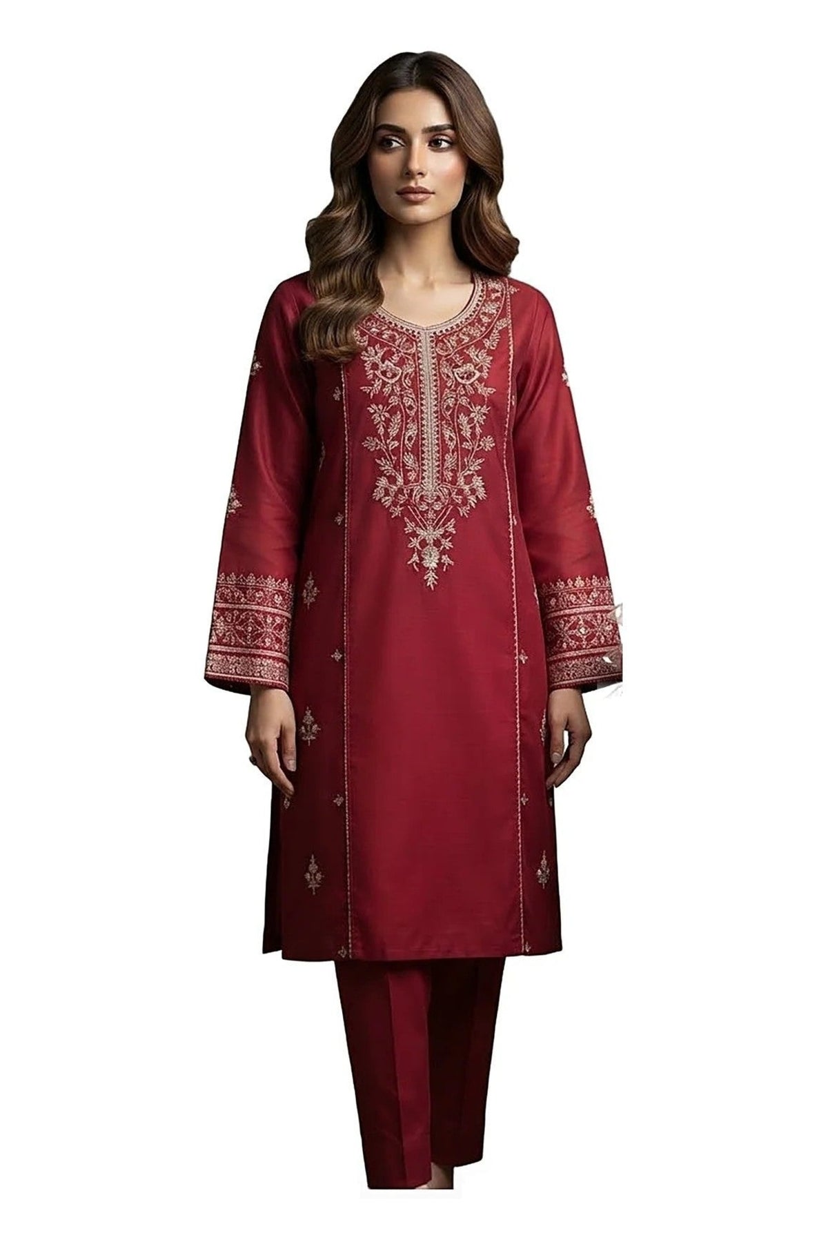 Plain Dhanak 2-Piece Suit - Red (Design 07)