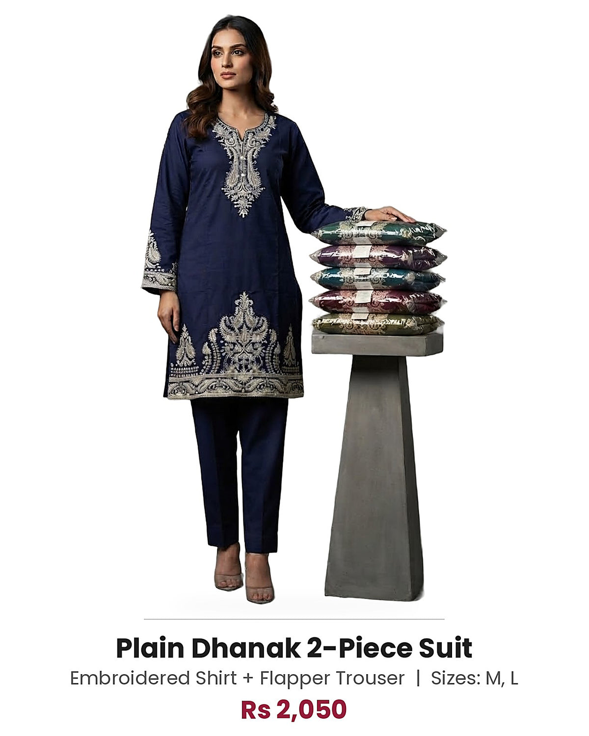 Plain Dhanak 2-Piece Suit - Navy Blue (Design 16)